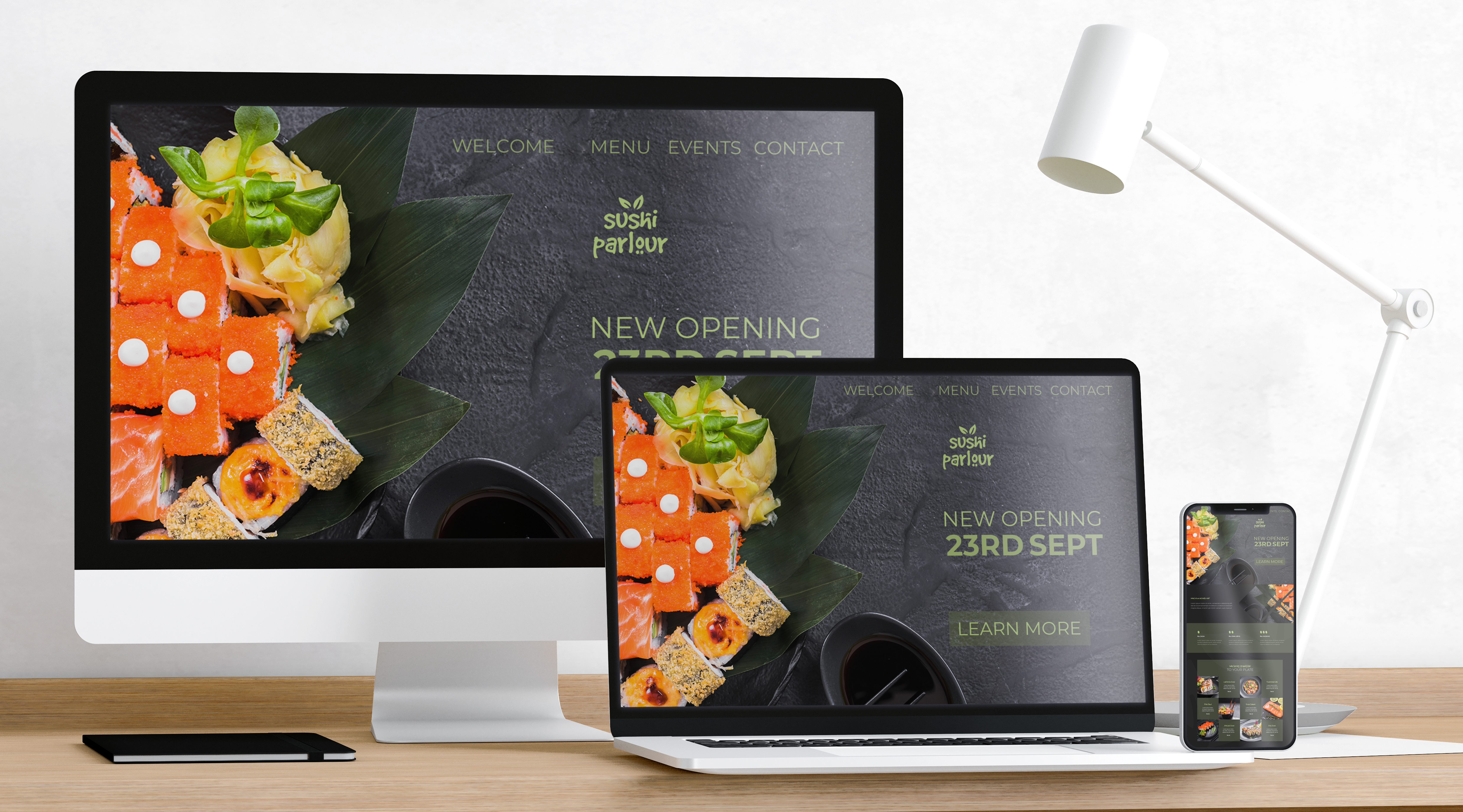 Modern custom website design shown on multiple devices including desktop, tablet, and mobile